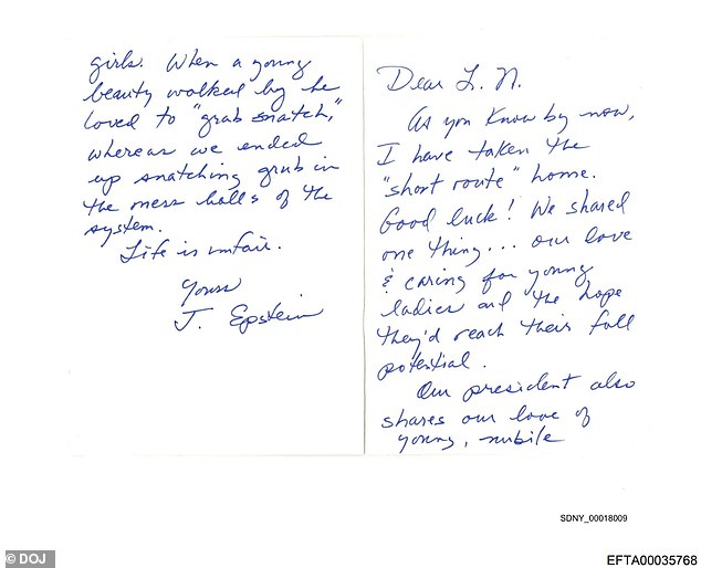 Pictured: The disgraced financier's alleged last correspondence before he was found dead in his cell. The FBI has said that the postcard is a fake, based on multiple discrepancies