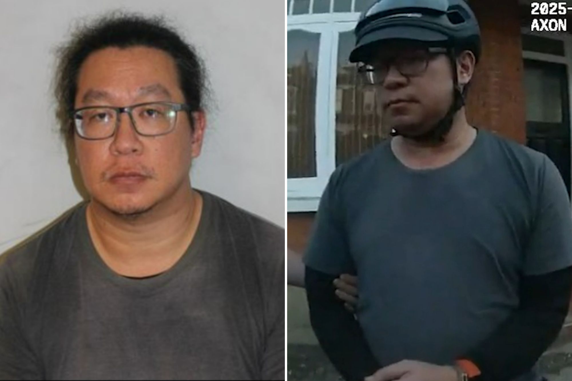 An image collage containing 2 images, Image 1 shows Vincent Chan in a custody photo, Image 2 shows Man in a helmet and glasses, in a grey t-shirt and long black sleeves, with an orange watch on his wrist, being held by another person