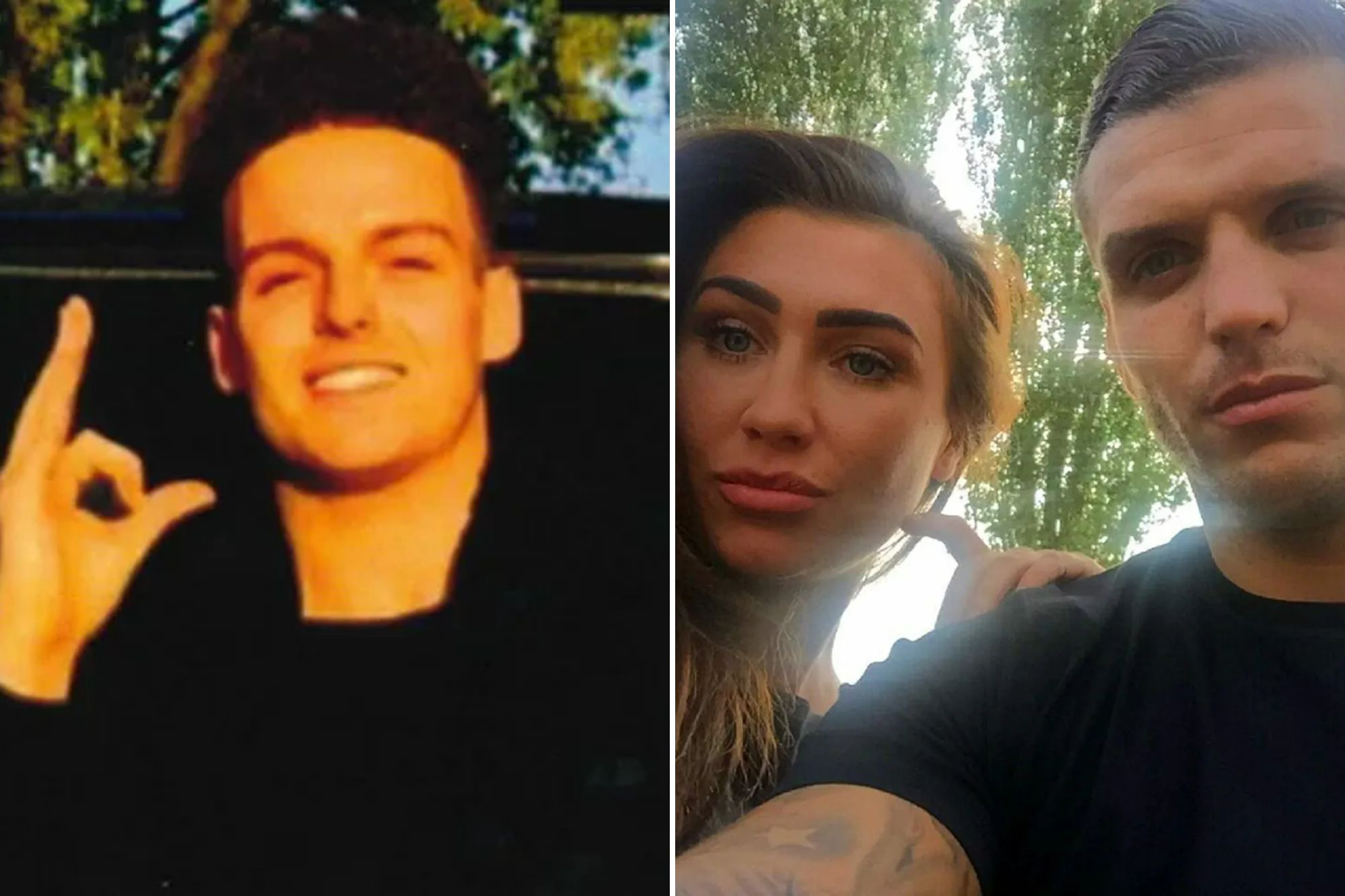 An image collage containing 2 images, Image 1 shows Stephen Morrisson smiling and making a hand gesture, Image 2 shows Lauren Goodger and Joey Morrison in a close-up photo