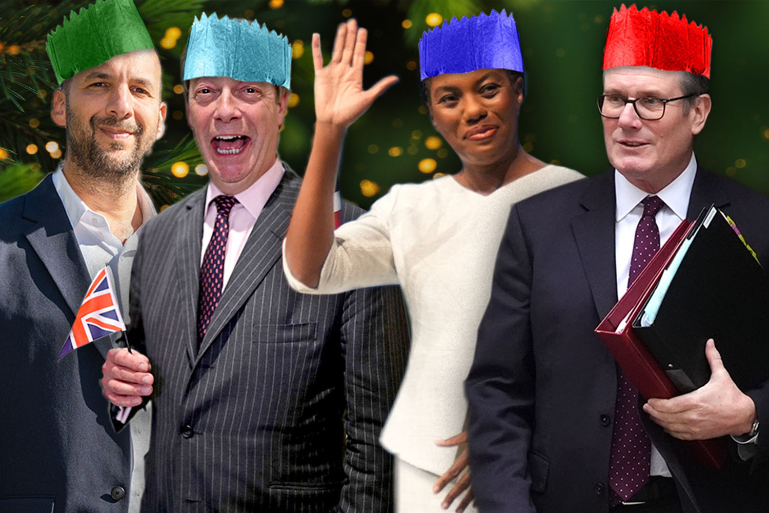 Collage of four political leaders wearing paper crowns, against a blurred background of Christmas tree lights.