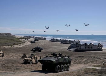 Marines perform an amphibious capabilities demonstration as Vice President J.D. Vance and Second Lady Usha Vance visit, on Red Beach at Camp Pendleton, California, on Oct. 18, 2025, as part of the Marine Corps' 250th anniversary celebrations.