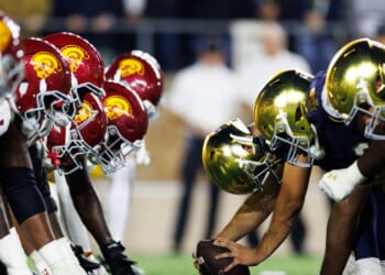 USC Trojans defense and Notre Dame Fighting Irish offense at the line of scrimmage before an extra point attempt during the game Notre Dame Stadium on Oct. 18, 2025, in South Bend, Indiana.