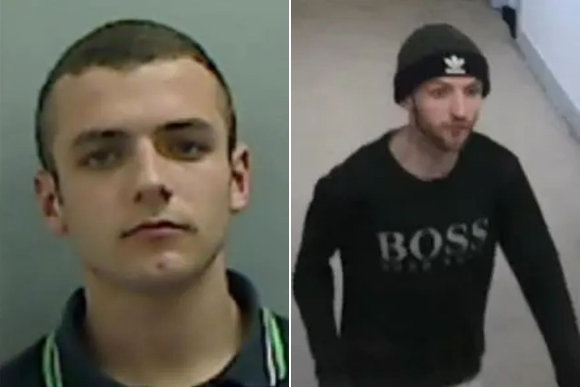 An image collage containing 2 images, Image 1 shows Collage of mugshots of Luke Lovell, Gordon Blue Smith, and Christopher Stubbs, Image 2 shows Man in a dark beanie and black long-sleeved shirt with "BOSS" on it