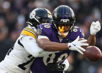 Joey Porter Jr. of the Pittsburgh Steelers breaks up a pass intended for Isaiah Likely of the Baltimore Ravens during the fourth quarter at M&T Bank Stadium on Dec. 7, 2025, in Baltimore, Maryland.