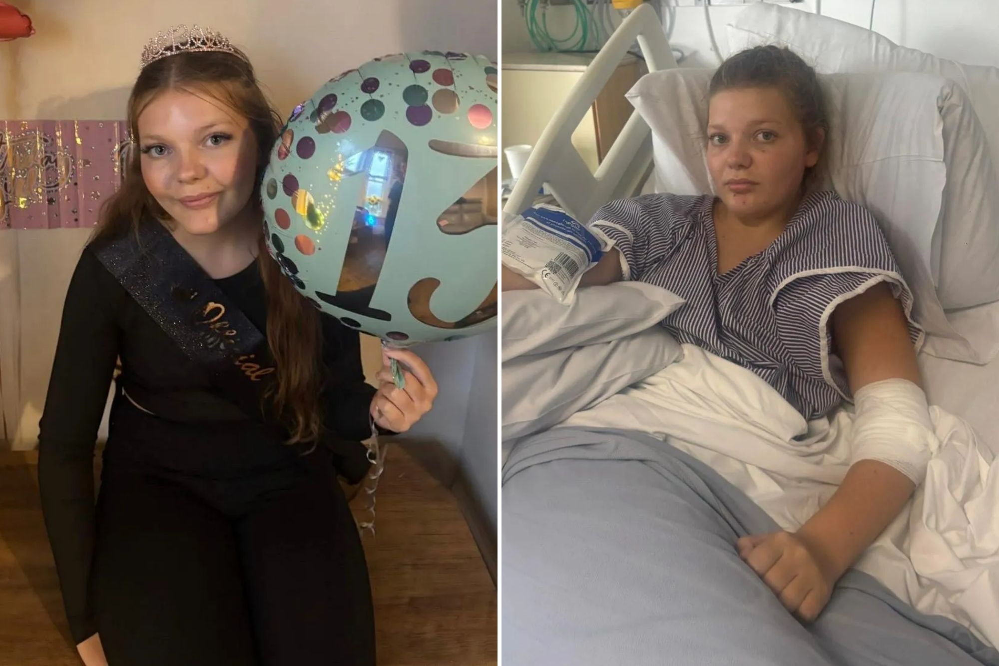 An image collage containing 2 images, Image 1 shows Millie Fairley, 13, celebrating her birthday, Image 2 shows Millie Fairley, 13, in a hospital bed, needing a stem cell donor for aplastic anaemia