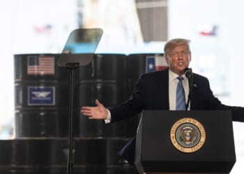 President Donald Trump speaks to city officials and employees of Double Eagle Energy on the site of an active oil rig on July 29, 2020, in Midland, Texas.