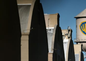 The WB water tower is seen at Warner Bros. Studios in Burbank, California, on Dec. 5, 2025.