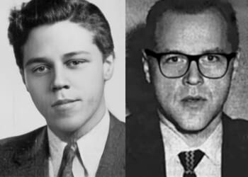Marvin Margolis in a high school yearbook photo (left) and a later photo obtained and enhanced by Baber. His solution to the Z13 cipher reveals the name Marvin Merrill, an alias used by Marvin Margolis, a man who was a prime suspect in the Black Dahlia murder