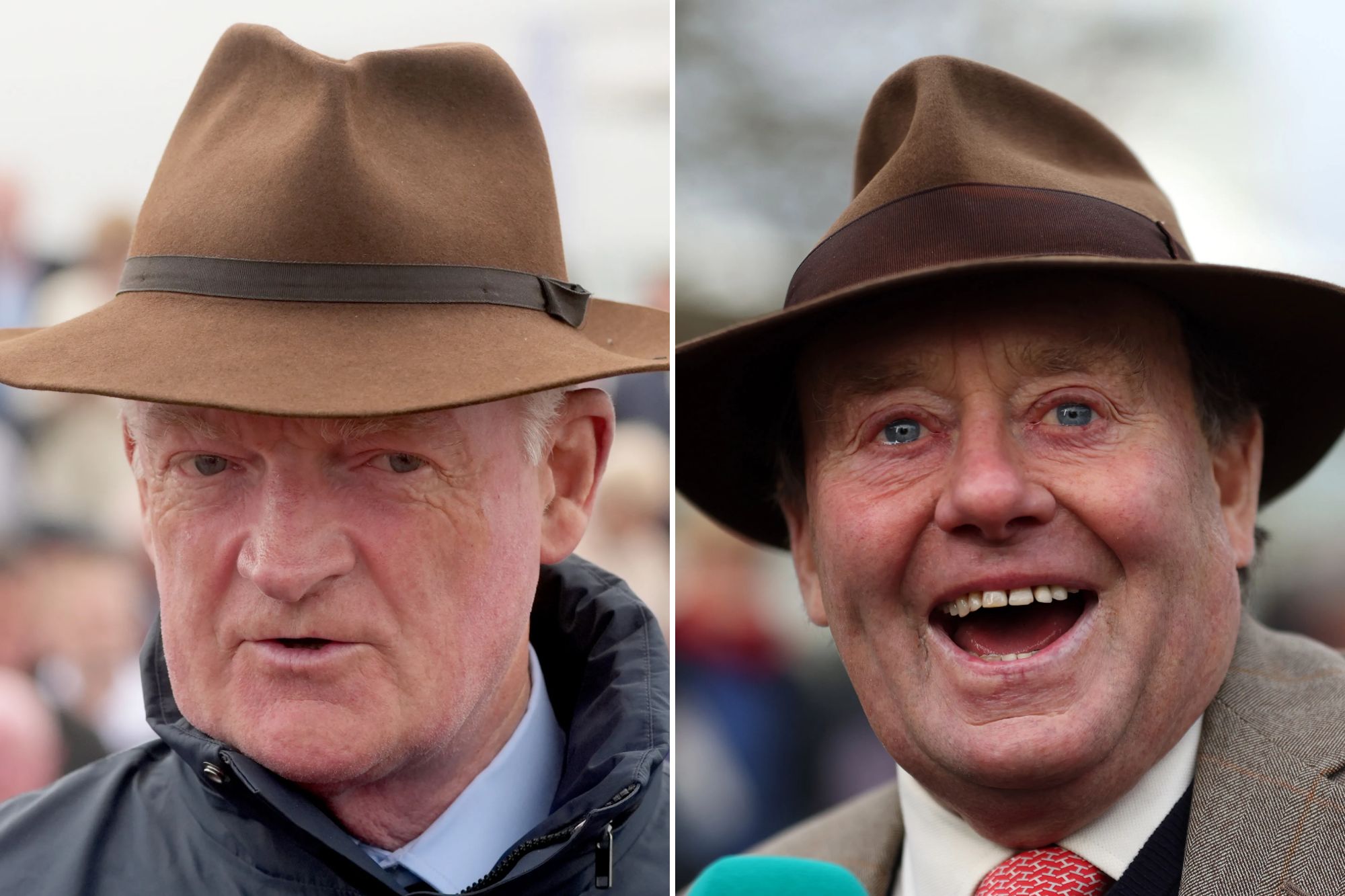 An image collage containing 2 images, Image 1 shows Trainer Willie Mullins wearing a brown hat and a blue jacket, Image 2 shows Nicky Henderson, a horse trainer, laughing during the Betfair Tingle Creek Festival