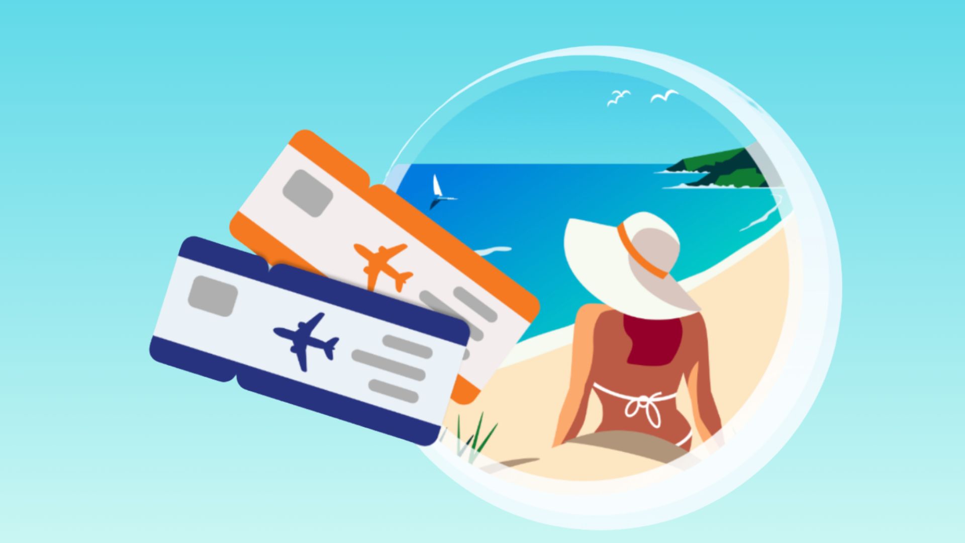 Illustration of two airplane tickets and a person on a beach looking at the ocean.