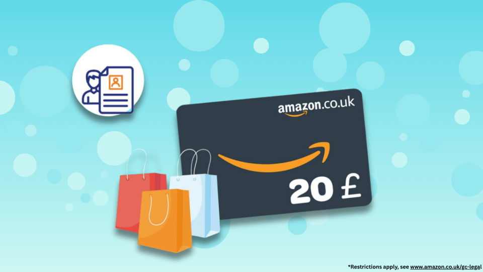 Illustration of an Amazon gift card, shopping bags, and a resume icon on a light blue background.