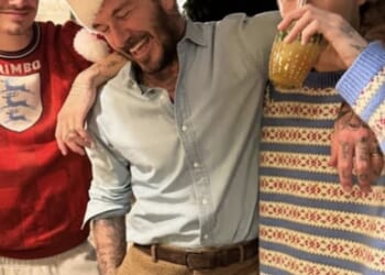 David Beckham and his sons Romeo and Cruz looked jolly as they donned Santa hats ahead of Christmas- as Brooklyn remains estranged from the family