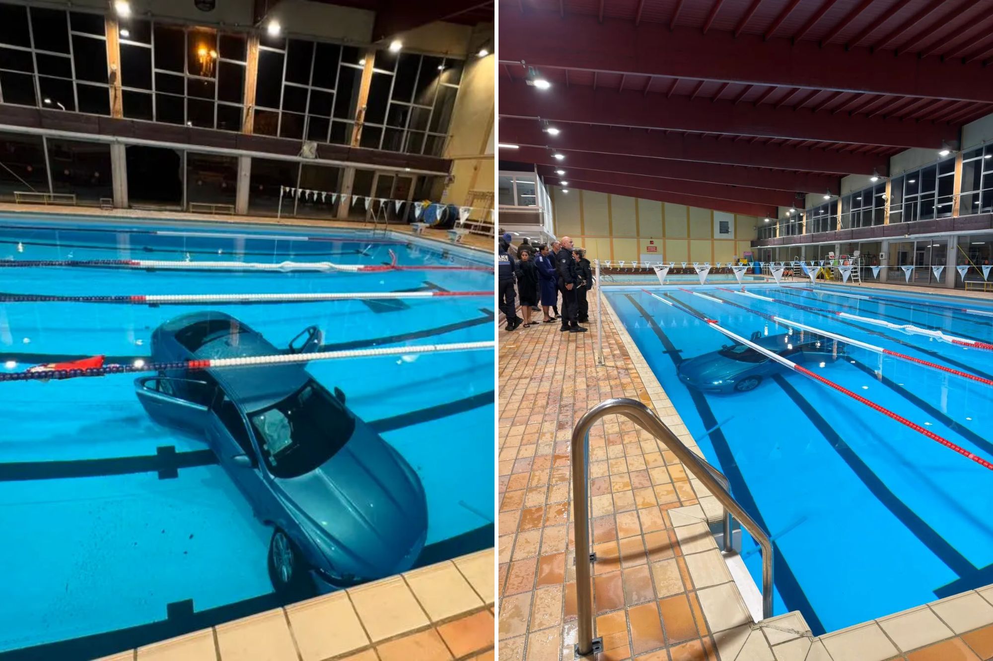 An image collage containing 2 images, Image 1 shows A car submerged in a municipal swimming pool, Image 2 shows A blue car submerged in a swimming pool with people on the poolside