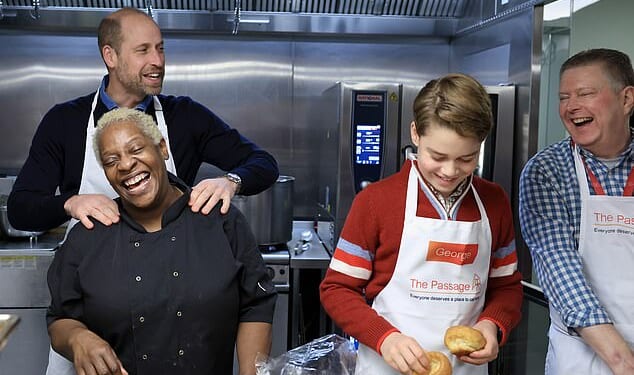 The Prince of Wales and Prince George in the kitchen of The Passage with Head Chef Claudette (front, left) and CEO of The Passage Mick Clarke (far right)
