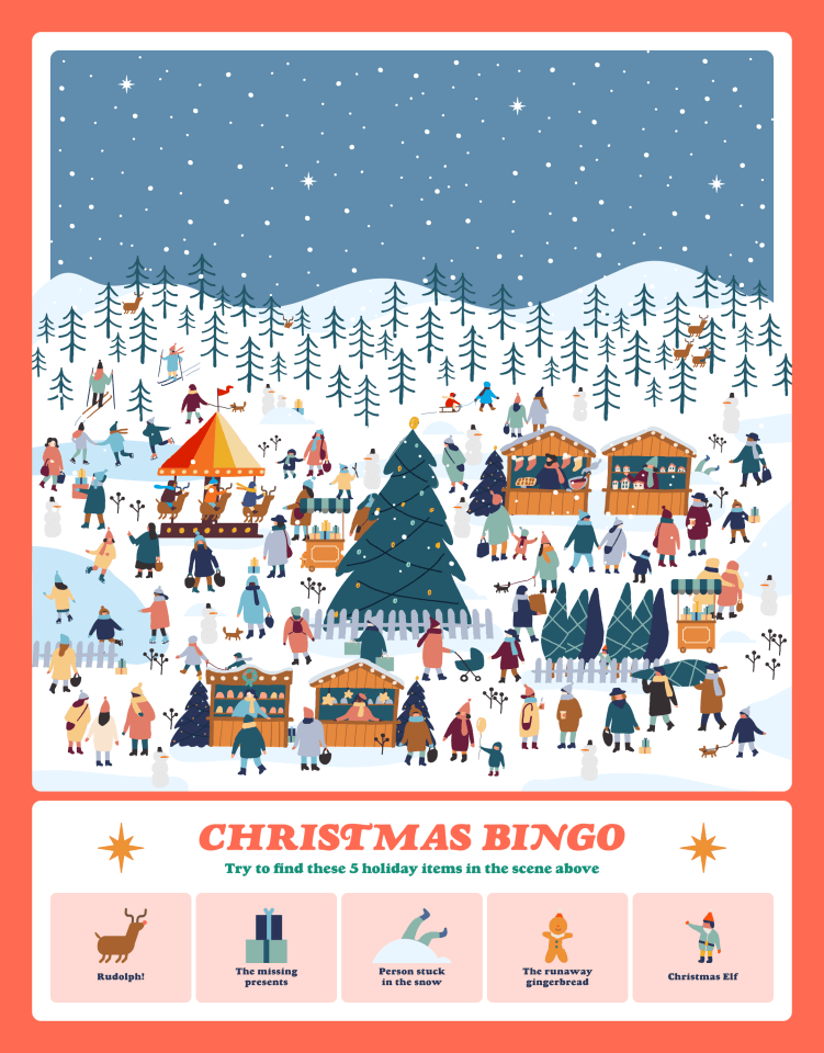 Illustration of a Christmas Market Bingo game with a busy market scene and five items to find.