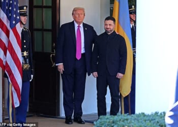 President Donald Trump welcomes Ukraine's President Volodymyr Zelensky as he arrives for a meeting at the White House in Washington, DC, on October 17, 2025