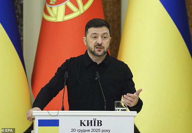 Mr Zelensky's strong words against Putin come despite a conciliatory offer he made today in a bid to stop the conflict with Russia, which has now been raging for nearly four years. Pictured: The Ukrainian president at a meeting in Kyiv on Monday