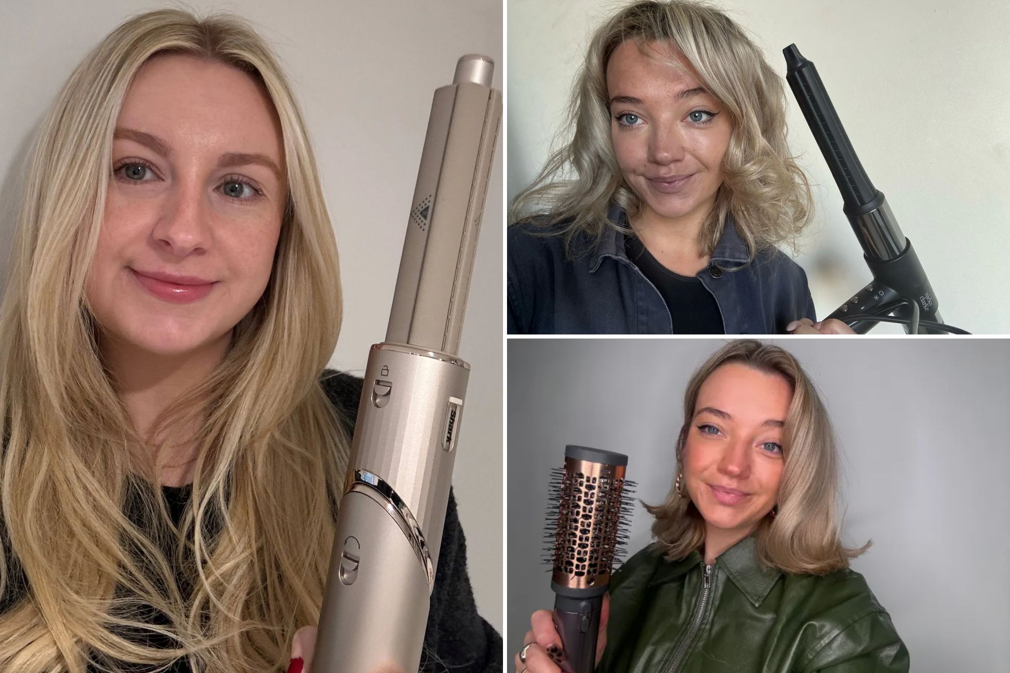 An image collage containing 3 images, Image 1 shows Woman holding a Shark Flexstyle hair tool, Image 2 shows Woman holding a Nicky Clarke Air Styler, Image 3 shows Woman holding a round hot air brush