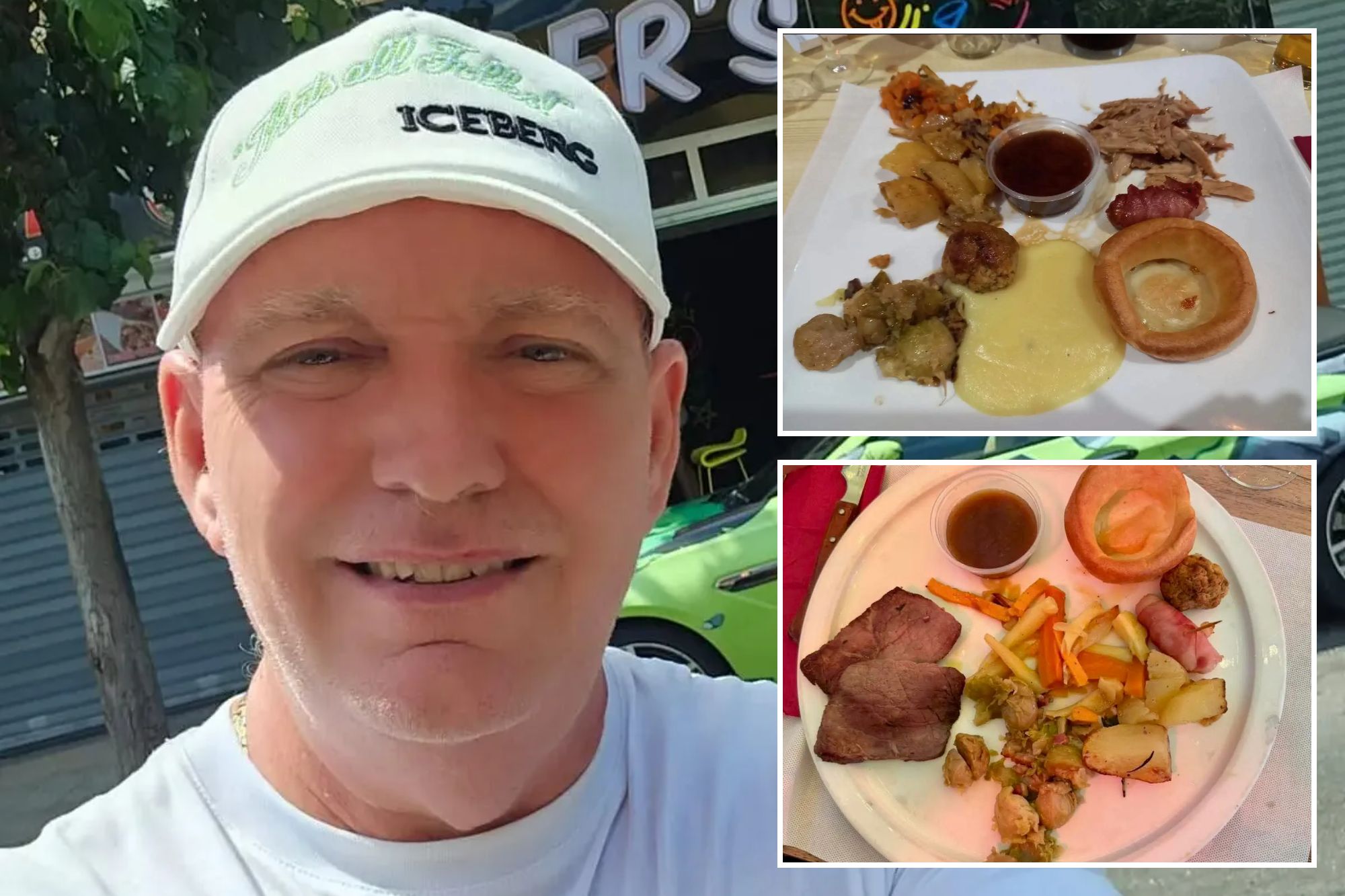 An image collage containing 3 images, Image 1 shows A man in a white cap and shirt smiling at the camera, with a bright green car and a storefront in the background, Image 2 shows A plate of food including pulled pork, gravy, mashed potatoes, Yorkshire pudding, a meatball, sausage, and cooked vegetables, Image 3 shows A plate of roast dinner with beef, Yorkshire pudding, vegetables, and gravy