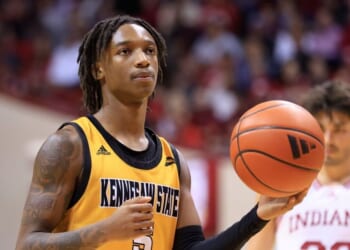 Simeon Cottle of the Kennesaw State Owls shoots a free throw in the game against the Indiana Hoosiers at Simon Skjodt Assembly Hall on Dec. 29, 2023, in Bloomington, Indiana.