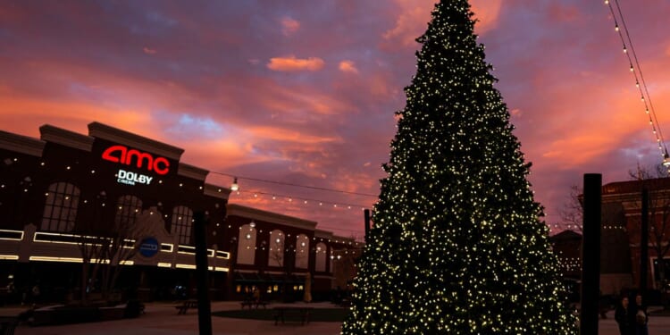 A Christmas tree outside of the AMC Southpoint 17 movie theatre, which features IMAX and Dolby Cinema, at the Streets at Southpoint mall during holiday shopping rush ahead of Christmas, on Dec. 22, 2025, in Durham, North Carolina.