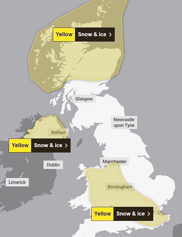 Large areas of the UK are covered by a snow and ice warning on Friday