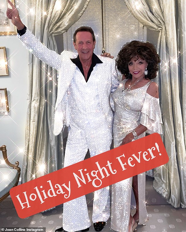 Dame Joan Collins, 92, and her husband Percy Gibson, 60, got into the party spirit as they donned matching disco inspired outfits