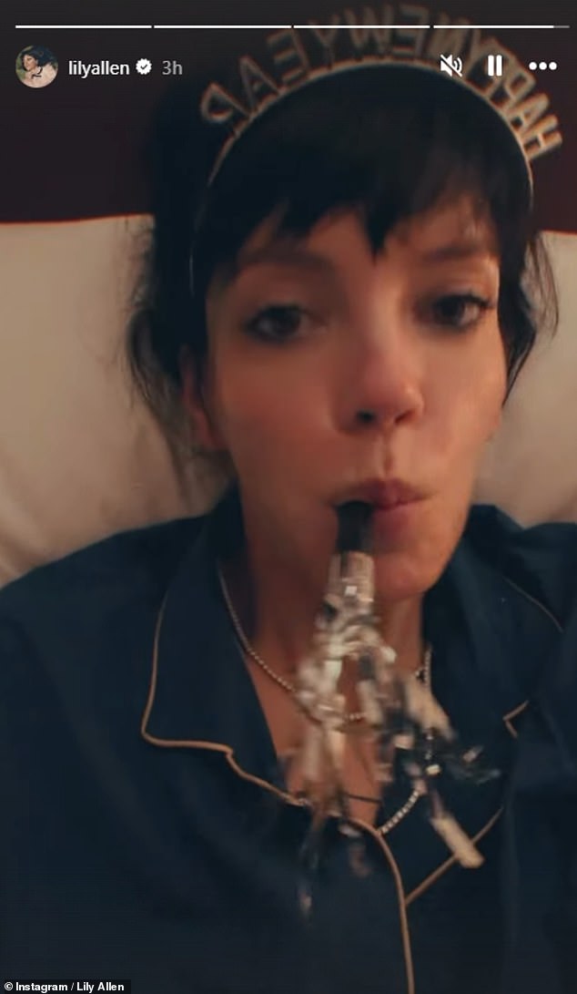 Opting to celebrate the New Year in a more lowkey fashion, Lily Allen opted for cosy pyjamas as she rung in 2026 from her bed