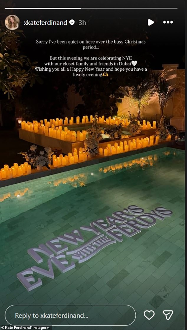 Kate and Rio Ferdinand are spending New Year's in Dubai after relocating to the UAE. The former TOWIE star, 34, spared no expense as she covered their pool in candles