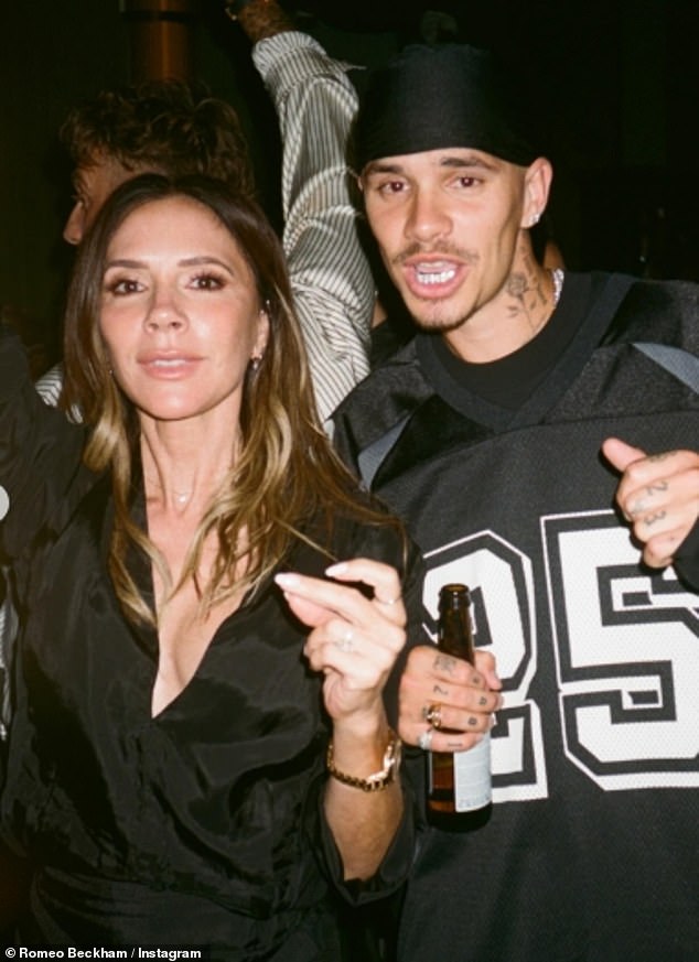 Romeo larked around with his mother Victoria in one of the images