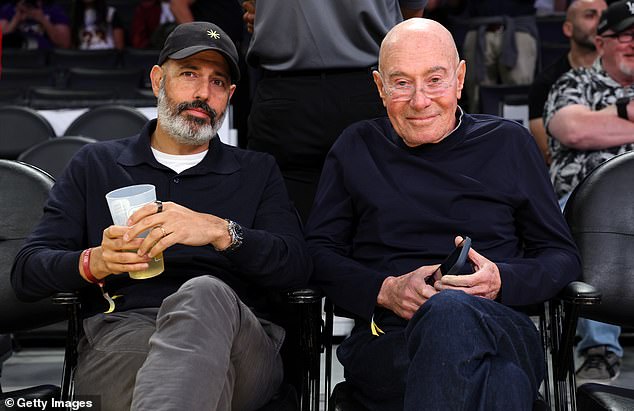 David Geffen (R) attends the Los Angeles Lakers and Minnesota Timberwolves game at Crypto.com Arena on October 24, 2025