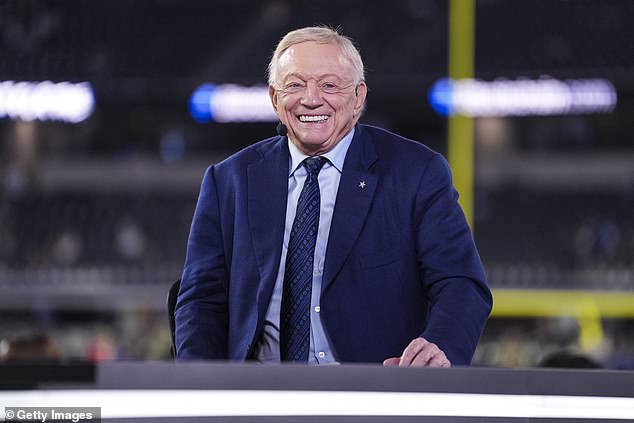 Dallas Cowboys owner Jerry Jones looks on from the broadcast set prior to an NFL football game between the Arizona Cardinals and the Dallas Cowboys at AT&T Stadium on November 3, 2025 in Arlington, Texas