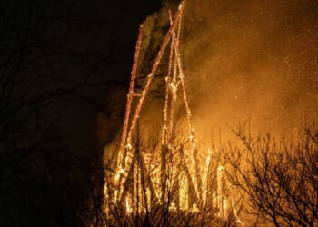 The tower of the Vondelkerk church burns early New Year's Day in Amsterdam.