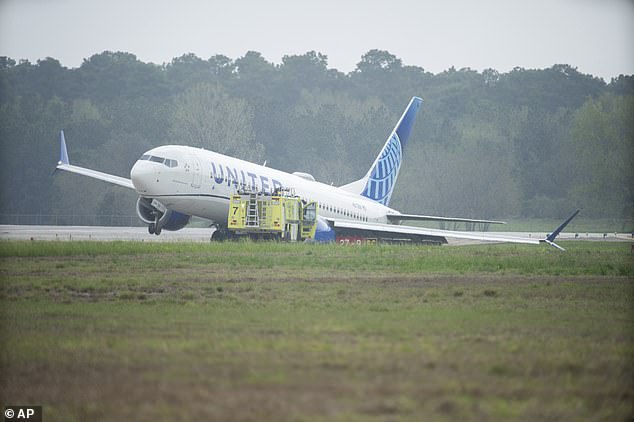 A United Airlines Boeing 737-8 MAX veered off the wet runway after landing in Houston on March 8, 2024