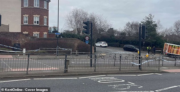 Pictured: Police cordoned off the junction in Gillingham following the fatal collision
