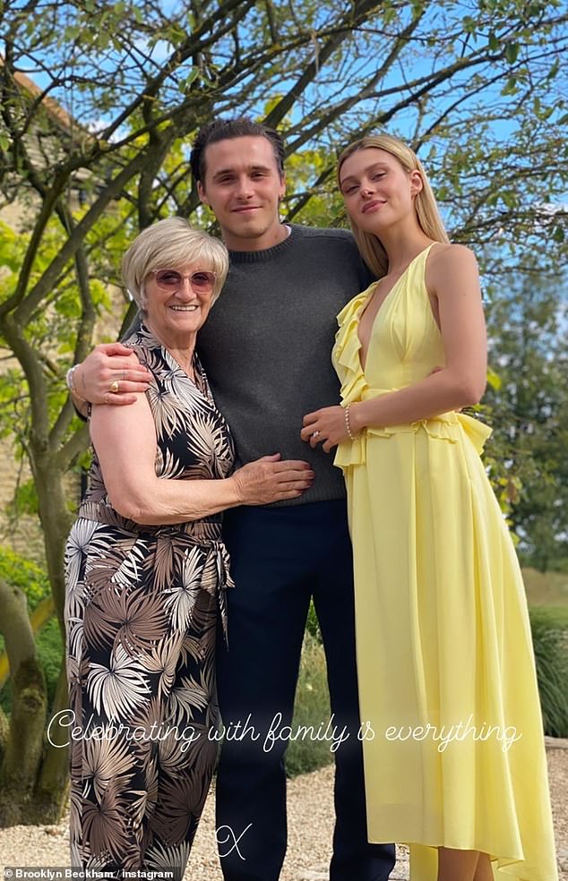 But while Brooklyn reportledy dashed any hopes of a reconciliation, there are still some family members he still has affection for (Brooklyn and Nicola pictured with David's mum Sandra)