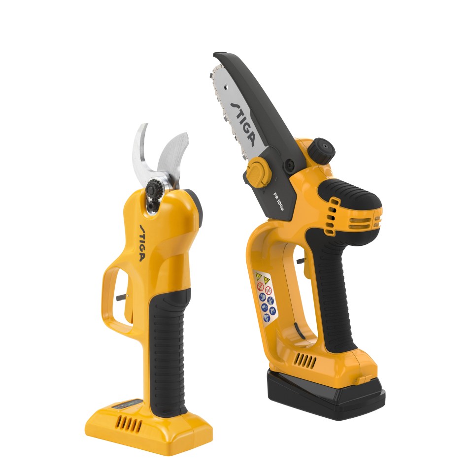 Illustration of a yellow and black powered pruning shear and chainsaw.