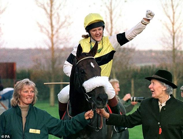Clare Balding pictured after winning the KJ Pike & Sons Celebrity Charity Flat Race at Wincanton in 1997 on her father's horse Pay Homage