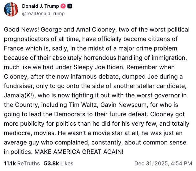 Trump's lengthy post about Clooney's new citizenship on Truth Social on New Year's Eve