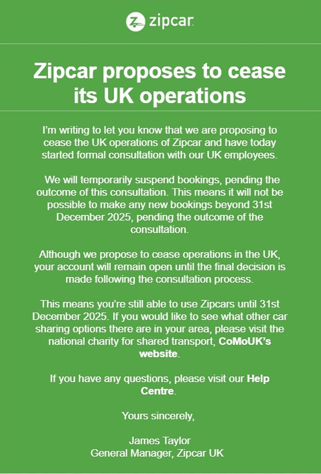How Zipcar told its members that it was suspending operations in the UK last month