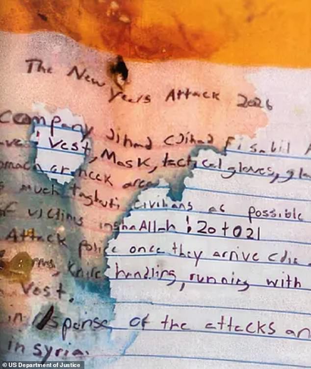 A note allegedly written by the suspect for the New Year's Eve attack
