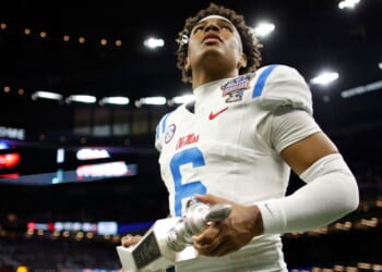 Trinidad Chambliss #6 of the Ole Miss Rebels holds the offensive player of the game trophy after defeating the Georgia Bulldogs during the 2025 College Football Playoff Quarterfinal at the Allstate Sugar Bowl at Caesars Superdome Thursday in New Orleans, Louisiana.