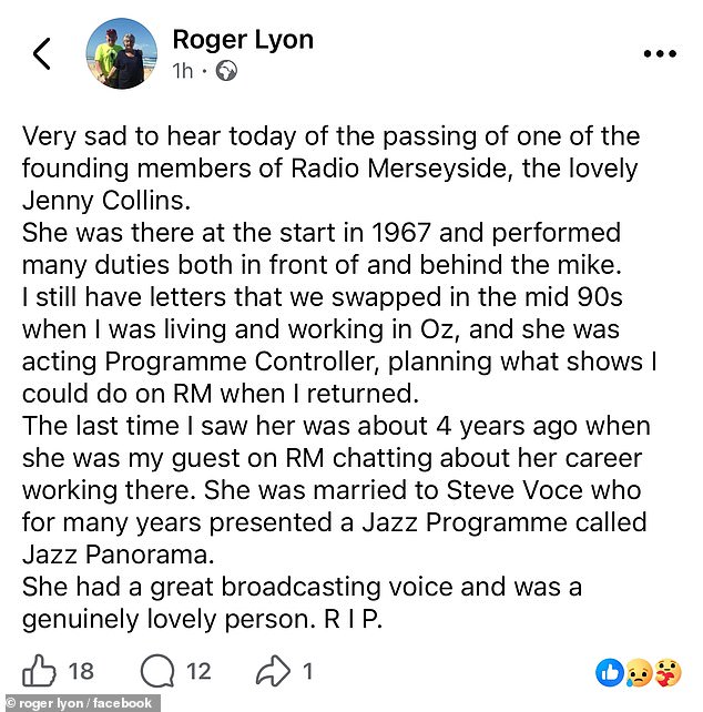 Her colleague, BBC Radio Merseyside broadcaster Roger Lyon took to Facebook on Friday to share the heartbreaking news with his followers