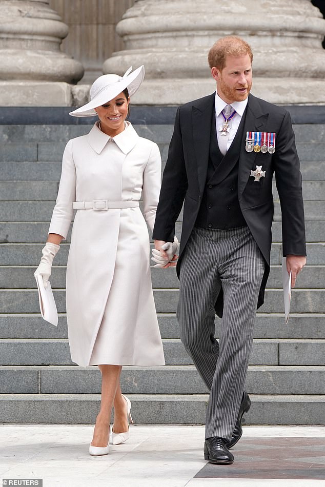 Prince Harry and Meghan Markle leave St Paul's Cathedral during the Queen's Platinum Jubilee on June 3, 2022