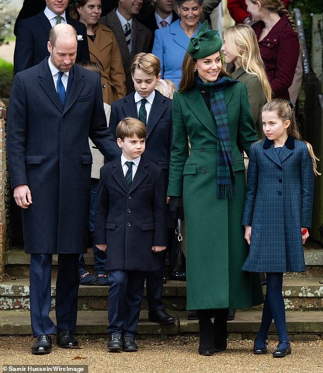Pictured:  Prince William, Prince of Wales, Prince Louis of Wales, Prince George of Wales, Catherine, Princess of Wales and Princess Charlotte of Wales at a Christmas Sandringham Church service on December 25, 2024