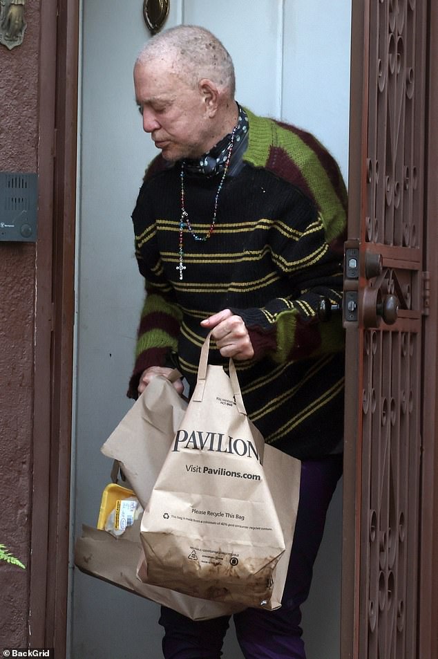 Rourke, who famously underwent numerous plastic surgeries, looked frail as he stepped out