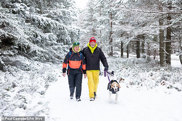 People wrapped up against the cold weather to take a walk through the snow in Scotland