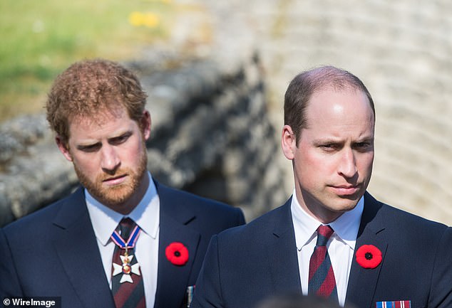 The royal biographer compared the Sussexes’ exit from the Royal Familyto the withdrawal of American troops from Afghanistan, noting it was ‘executed with maximum chaos’. Pictured: Prince Harry (left) and Prince William during the commemorations for the 100th anniversary of the battle of Vimy Ridge on April 9, 2017