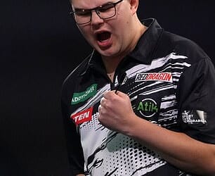Gian van Veen (pictured) will look to cause an upset against defending champion Luke Littler in the World Darts Championship final on Saturday night at Alexandra Palace