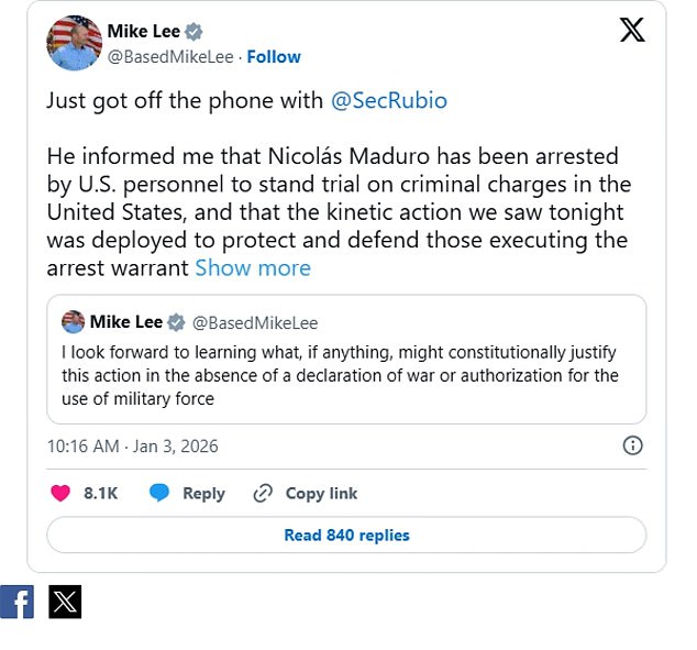 Republican senator Mike Lee has said Nicolas Maduro was arrested to stand trial in the US on criminal charges